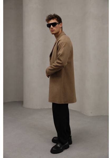 Kahverengi Düğme Kapamalı Yarım Oversize Rahat Kesim Uzun Erkek Kaşe Kaban Palto
