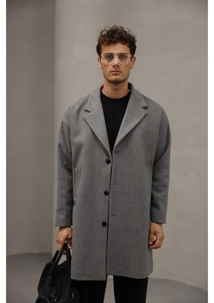 Gri Renk Düğme Kapamalı Yarım Oversize Rahat Kesim Uzun Erkek Kaşe Kaban Palto