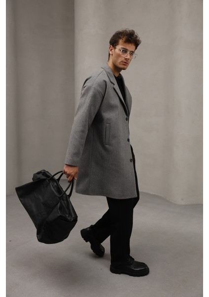 Gri Renk Düğme Kapamalı Yarım Oversize Rahat Kesim Uzun Erkek Kaşe Kaban Palto fiyatları