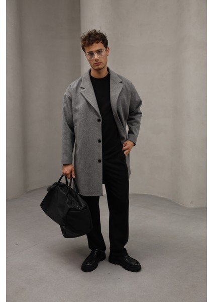 Gri Renk Düğme Kapamalı Yarım Oversize Rahat Kesim Uzun Erkek Kaşe Kaban Palto modelleri