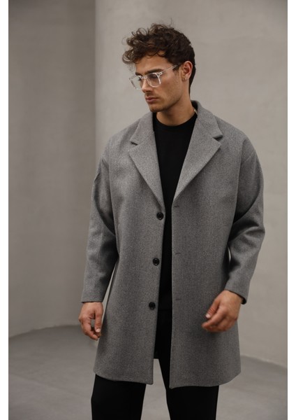 Gri Renk Düğme Kapamalı Yarım Oversize Rahat Kesim Uzun Erkek Kaşe Kaban Palto fırsatları