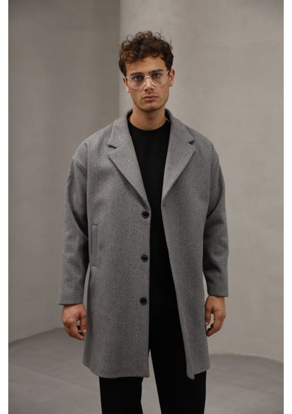Gri Renk Düğme Kapamalı Yarım Oversize Rahat Kesim Uzun Erkek Kaşe Kaban Palto indirimleri