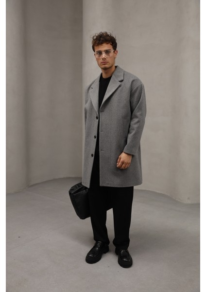 Gri Renk Düğme Kapamalı Yarım Oversize Rahat Kesim Uzun Erkek Kaşe Kaban Palto