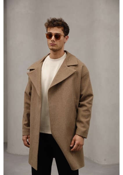 Kahverengi Yarım Oversize Rahat Kesim Uzun Erkek Kaşe Kaban Palto