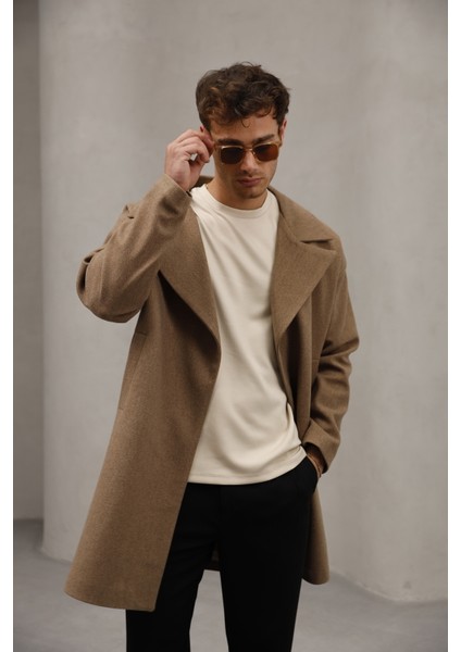 Kahverengi Yarım Oversize Rahat Kesim Uzun Erkek Kaşe Kaban Palto modelleri