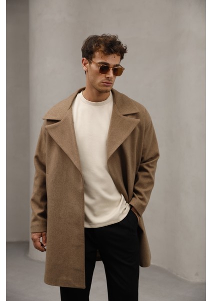 Kahverengi Yarım Oversize Rahat Kesim Uzun Erkek Kaşe Kaban Palto fırsatları