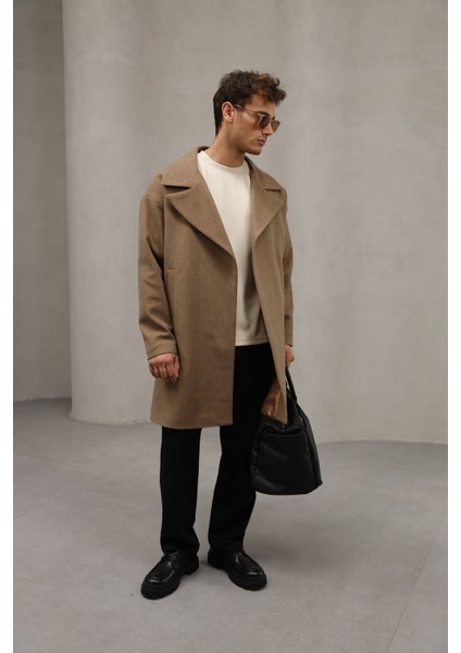 Kahverengi Yarım Oversize Rahat Kesim Uzun Erkek Kaşe Kaban Palto