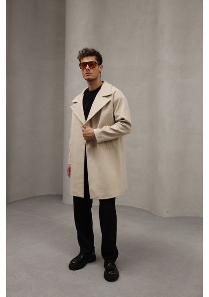 Krem Renk Yarım Oversize Rahat Kesim Uzun Erkek Kaşe Kaban Palto