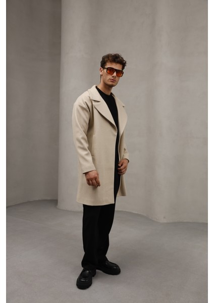 Krem Renk Yarım Oversize Rahat Kesim Uzun Erkek Kaşe Kaban Palto modelleri
