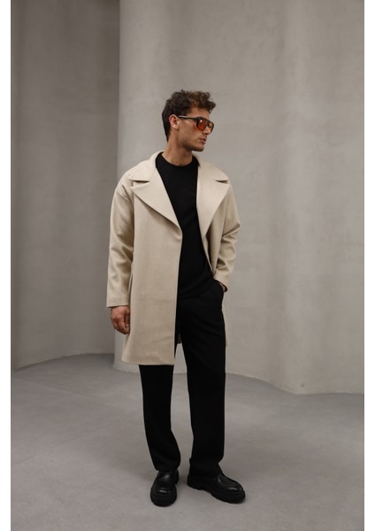 Krem Renk Yarım Oversize Rahat Kesim Uzun Erkek Kaşe Kaban Palto fırsatları