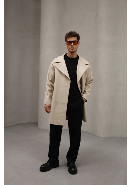 Krem Renk Yarım Oversize Rahat Kesim Uzun Erkek Kaşe Kaban Palto indirimleri