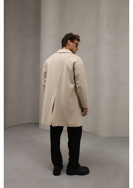 Krem Renk Yarım Oversize Rahat Kesim Uzun Erkek Kaşe Kaban Palto