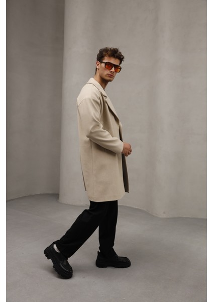 Krem Renk Yarım Oversize Rahat Kesim Uzun Erkek Kaşe Kaban Palto
