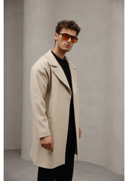 Krem Renk Yarım Oversize Rahat Kesim Uzun Erkek Kaşe Kaban Palto