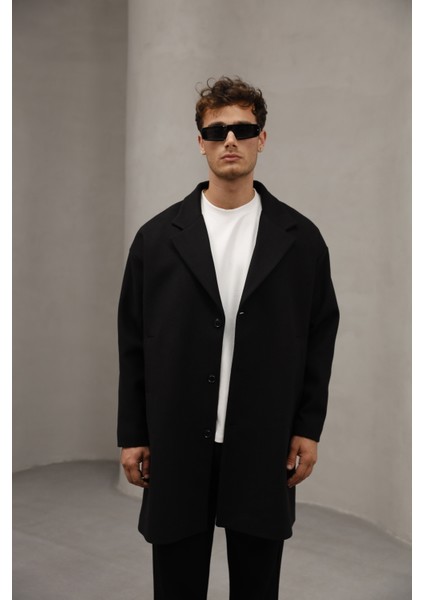 Siyah Renk Düğme Kapamalı Yarım Oversize Rahat Kesim Uzun Erkek Kaşe Kaban Palto