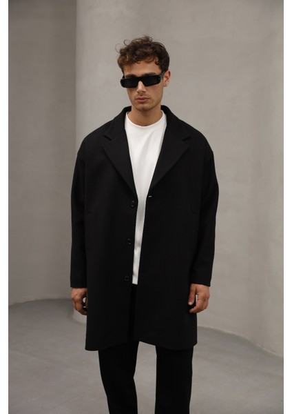 Siyah Renk Düğme Kapamalı Yarım Oversize Rahat Kesim Uzun Erkek Kaşe Kaban Palto fiyatları