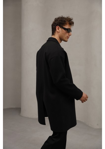 Siyah Renk Düğme Kapamalı Yarım Oversize Rahat Kesim Uzun Erkek Kaşe Kaban Palto modelleri