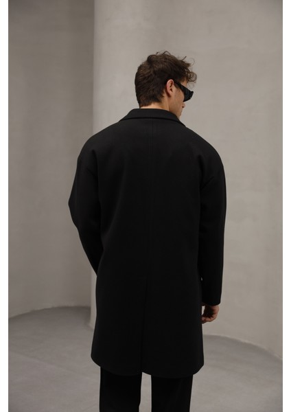 Siyah Renk Düğme Kapamalı Yarım Oversize Rahat Kesim Uzun Erkek Kaşe Kaban Palto fırsatları
