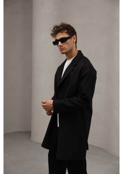 Siyah Renk Düğme Kapamalı Yarım Oversize Rahat Kesim Uzun Erkek Kaşe Kaban Palto indirimleri