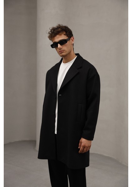 Siyah Renk Düğme Kapamalı Yarım Oversize Rahat Kesim Uzun Erkek Kaşe Kaban Palto