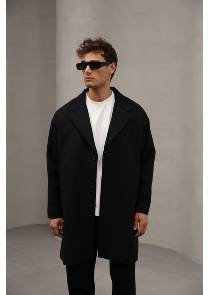 Siyah Renk Düğme Kapamalı Yarım Oversize Rahat Kesim Uzun Erkek Kaşe Kaban Palto
