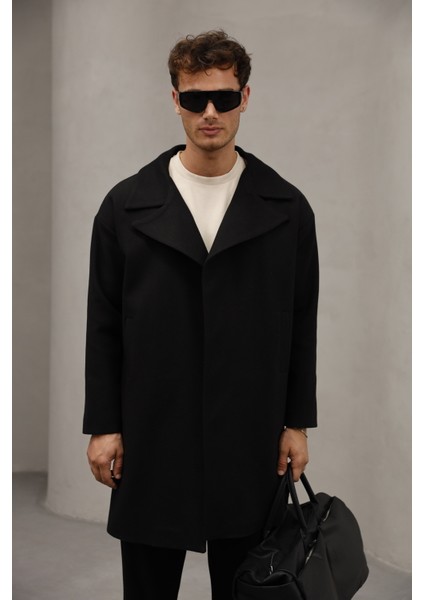 Siyah Renk Yarım Oversize Rahat Kesim Uzun Erkek Kaşe Kaban Palto