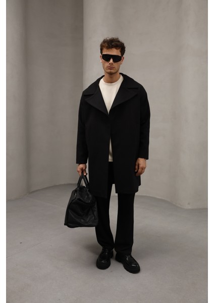 Siyah Renk Yarım Oversize Rahat Kesim Uzun Erkek Kaşe Kaban Palto modelleri