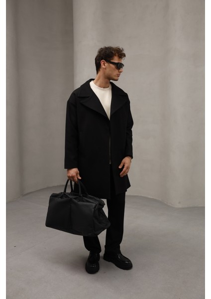 Siyah Renk Yarım Oversize Rahat Kesim Uzun Erkek Kaşe Kaban Palto fırsatları