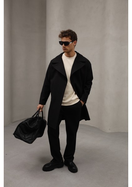 Siyah Renk Yarım Oversize Rahat Kesim Uzun Erkek Kaşe Kaban Palto indirimleri