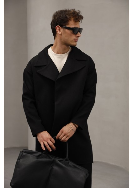 Siyah Renk Yarım Oversize Rahat Kesim Uzun Erkek Kaşe Kaban Palto