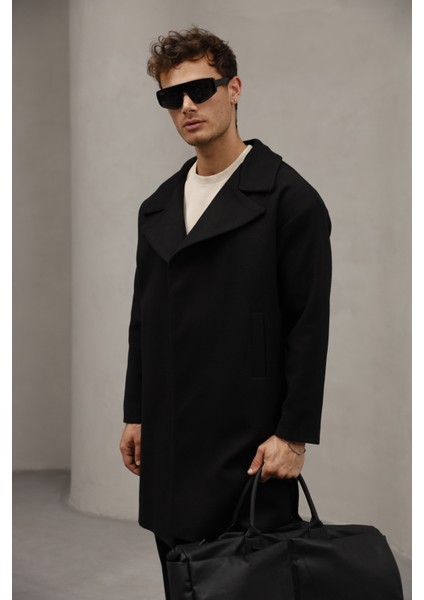 Siyah Renk Yarım Oversize Rahat Kesim Uzun Erkek Kaşe Kaban Palto