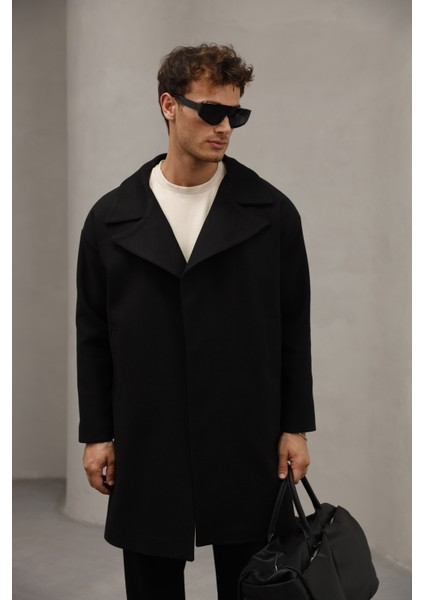 Siyah Renk Yarım Oversize Rahat Kesim Uzun Erkek Kaşe Kaban Palto