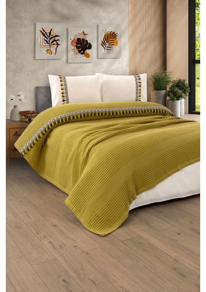 Çift Kişilik 4 Parça Püsküllü Havuz Pike Takımı - Tiffany - Hardal