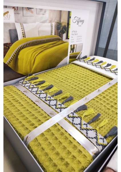 Çift Kişilik 4 Parça Püsküllü Havuz Pike Takımı - Tiffany - Hardal modelleri