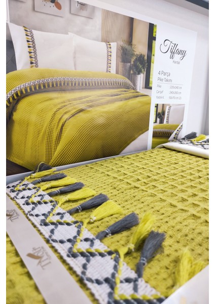 Çift Kişilik 4 Parça Püsküllü Havuz Pike Takımı - Tiffany - Hardal fırsatları