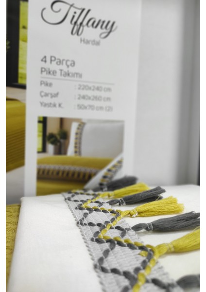 Çift Kişilik 4 Parça Püsküllü Havuz Pike Takımı - Tiffany - Hardal indirimleri