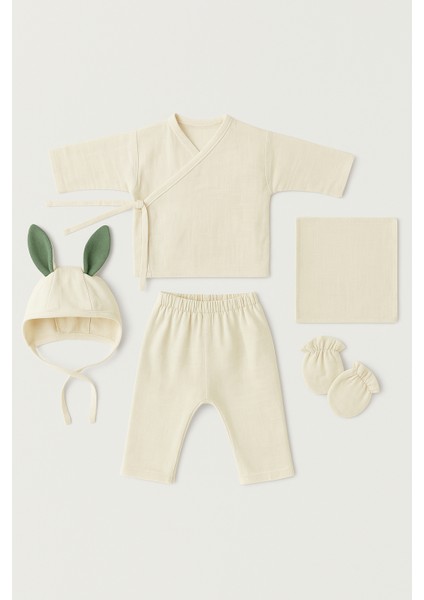 Unisex Bebek Pamuklu Ekru Tavşan Kulaklı 5 Parça Hastane Çıkışı Takımı