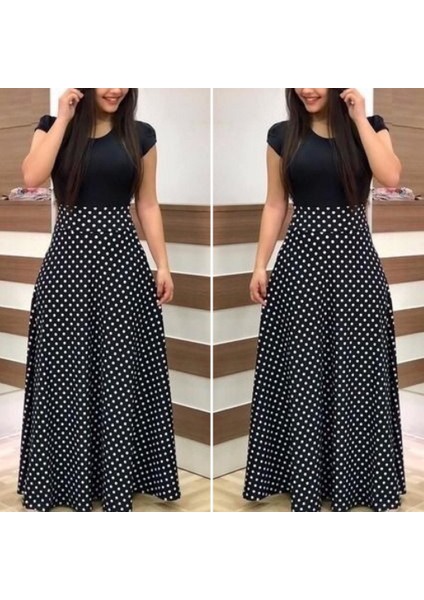 Kadın Kısa Kollu Puan Desen Tam Boy Krep Elbise