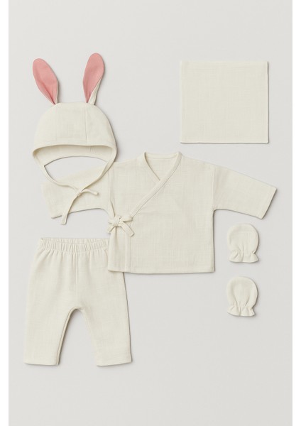Unisex Bebek Pamuklu Ekru Tavşan Kulaklı 5 Parça Hastane Çıkışı Takımı