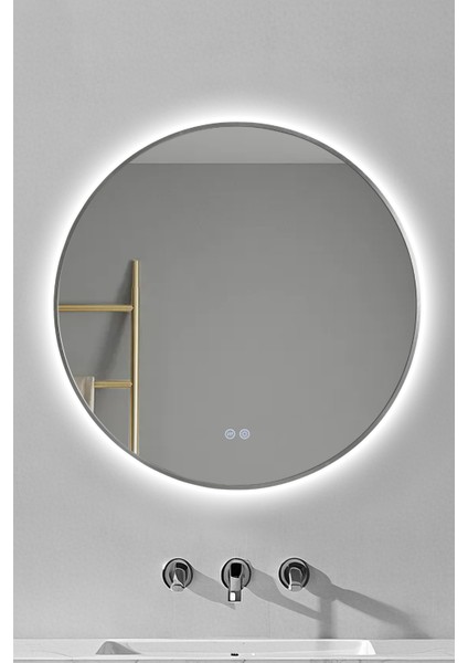80 cm Buhar Tutmaz 3 Renk Ledli Gümüş Çerçeveli Yuvarlak Akıllı Banyo Aynası