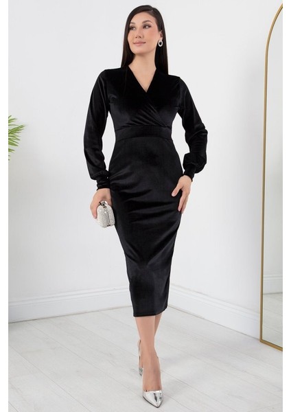 Kadın Kadife Kumaş Manşetli V Yaka Şık Kalem Elbise fiyatları