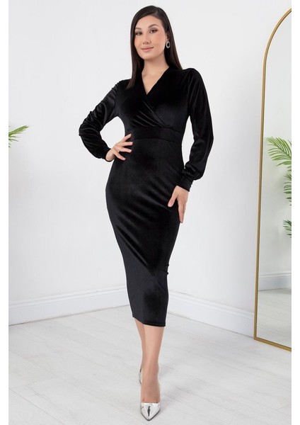 Kadın Kadife Kumaş Manşetli V Yaka Şık Kalem Elbise fırsatları