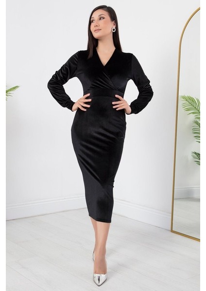 Kadın Kadife Kumaş Manşetli V Yaka Şık Kalem Elbise indirimleri