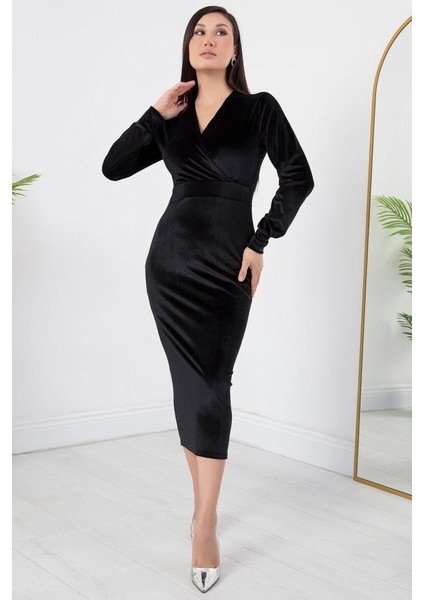 Kadın Kadife Kumaş Manşetli V Yaka Şık Kalem Elbise