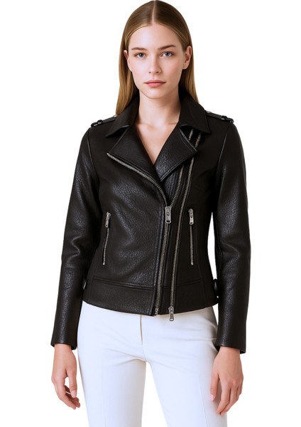 Layana Hakiki Jumbo Deri Siyah Kadın Ceket