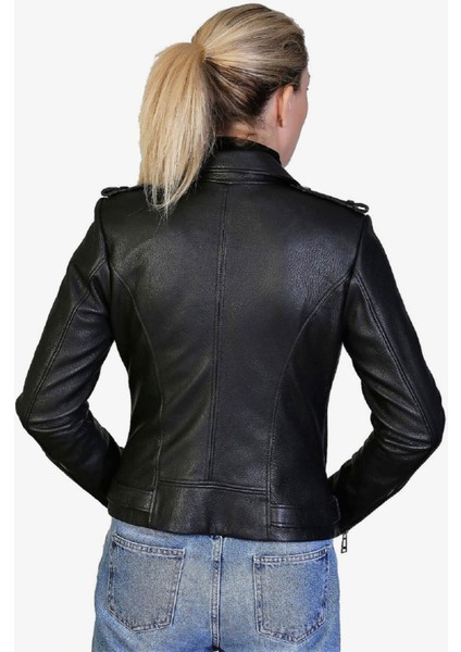 Layana Hakiki Jumbo Deri Siyah Kadın Ceket modelleri
