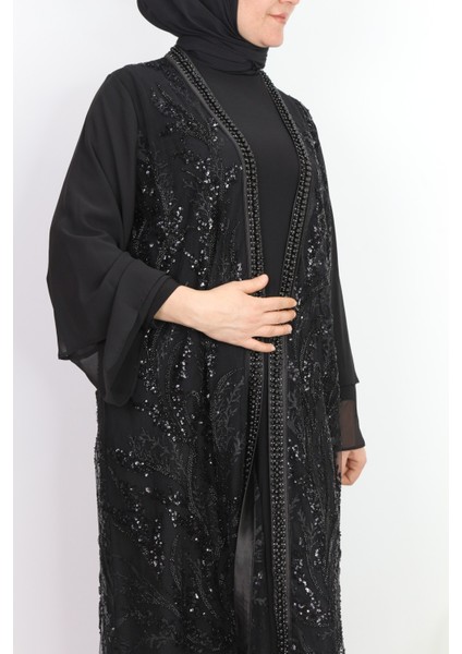 42932 Iç Elbisesi Sandy Kumaş Dış Işleme Boncuk ve Taş Detaylı Kenar Kısım Deri Görünümlü Abaya fiyatları