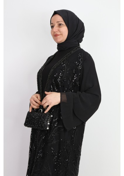 42932 Iç Elbisesi Sandy Kumaş Dış Işleme Boncuk ve Taş Detaylı Kenar Kısım Deri Görünümlü Abaya modelleri