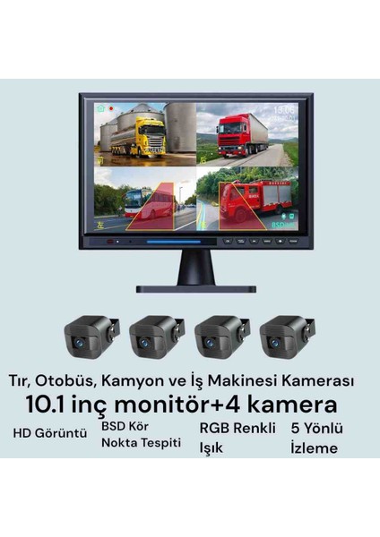 10.1 Inç Monitör+4 Kamera Sistemli Dokunmatik Ekran Tır, Otobüs, Kamyon, Iş Makinesi Kamera Seti