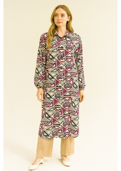 984 Önü Boydan Düğmeli Kol Ucu Lastikli Yanı Yırtmaç Detaylı Desenli Gömlek Tunik #05-25#